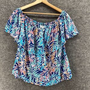 Sofia Blouse Women L Large Blue Floral Short Sleeve Round Neck Pullover Casual